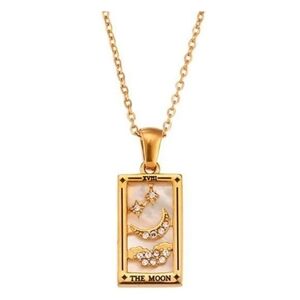 Moon Tarot Card Pendant Necklace 18K Gold Enamel Rectangle Stainless S…